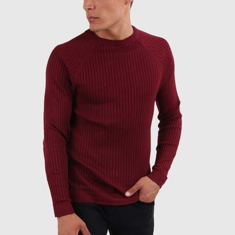Ribbed Solid Slim Fit Crew Neck Sweater // Burgundy (Medium)