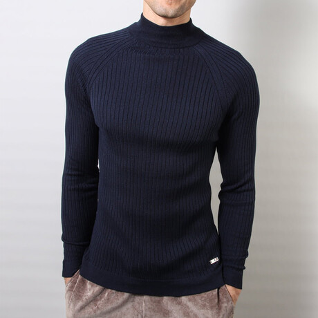 Ribbed Slim Fit Turtleneck Sweater // Navy Blue (Medium)