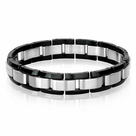 Brushed Stainless Steel Edges Link Bracelet // 12mm // Black + Silver