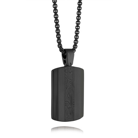 Damascus Stainless Steel Polished Striped Dogtag Necklace // Black
