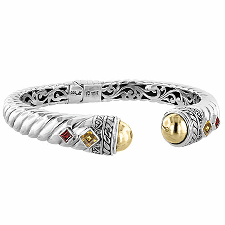 Bali Sterling Silver + 18K Gold Domed Ends + Madeira Citrine + Garnet Carved Cable Bracelet (6.25)