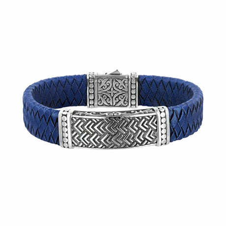 Bali Silver Blue Leather Bracelet + Chevron Pattern // Silver + Blue