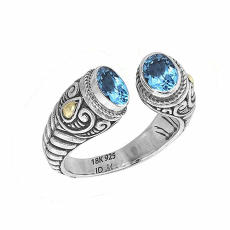 Bali Sterling Silver + 18K Gold Swiss Blue Topaz Scrollwork Cuff Ring (5)