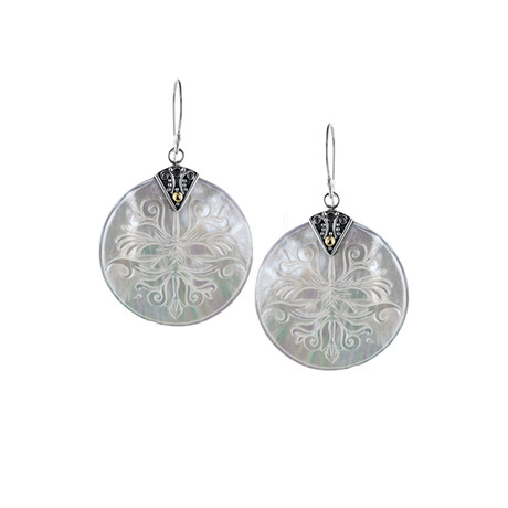 Bali Sterling Silver + 18K Gold Carved Mother of Pearl Lotus Flower Earrings // Silver + White + Gold