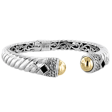 Bali Sterling Silver + 18K Gold Domed Ends + Black Spinel + White Topaz Carved Cable Bracelet (6.25)