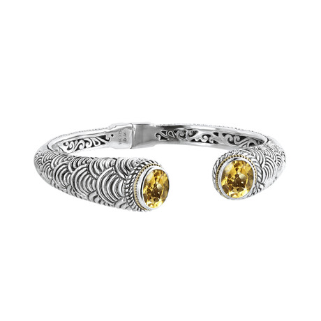 Bali Sterling Silver + 18K Gold + Citrine Scallop Pattern Hinged Cuff Bracelet // Silver + Gold + Yellow