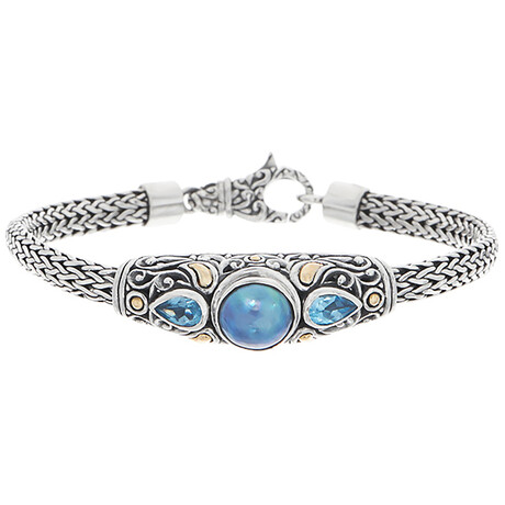 Bali Sterling Silver + 18K Gold + Blue Mabe Pearl + Swiss Blue Topaz Scrollwork Bracelet (7)