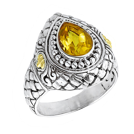 Bali Sterling Silver + 18K Gold Pear Madeira Citrine Basket Weave Ring (5)