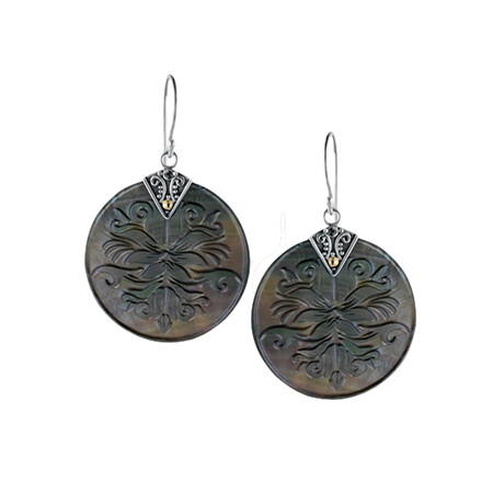 Bali Sterling Silver + 18K Gold Carved Mother of Pearl Lotus Flower Earrings // Silver + Gold + Peacock