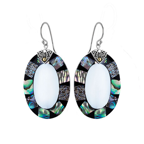 Bali Sterling Silver + 18K Gold Oval Shaped Abalone + Oval White Shell Center Earrings