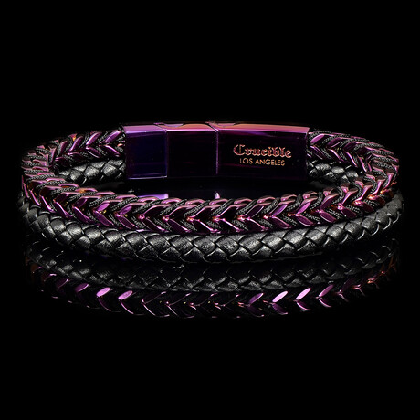 Matte Finish Purple Plated Stainless Steel Franco Row + Leather Cuff Bracelet // 12mm