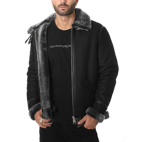 Shearling Aviator Jacket // Washed Black + Black Wool (Small)
