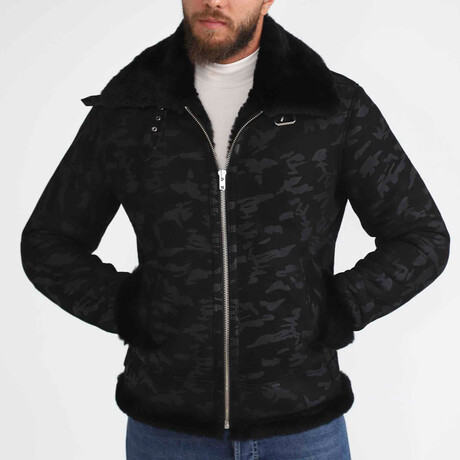 Shearling Aviator Jacket // Camouflage Black + Black Wool (Small)