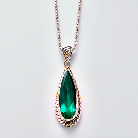 Bali Silver + 18K Gold + Lab Emerald Doublet Cable Pattern Pendant