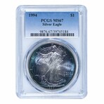 1994 American Silver Eagle // Mystic Blue Toning // PCGS Certified MS67 // Wood Presentation Box