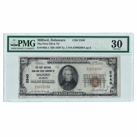 1929 $20 The First National Bank & Trust Company Of Milford, Delaware Note // PMG Certified VF30 // Jones-Woods