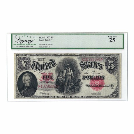 1907 $5 Large Size Legal Tender Note // Legacy Certified VF25 // Speelman-White