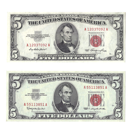 $5 Small Size Legal Tender Notes // Set of 2 // 1953 & 1963 // Uncirculated // Deluxe Collector's Pouch