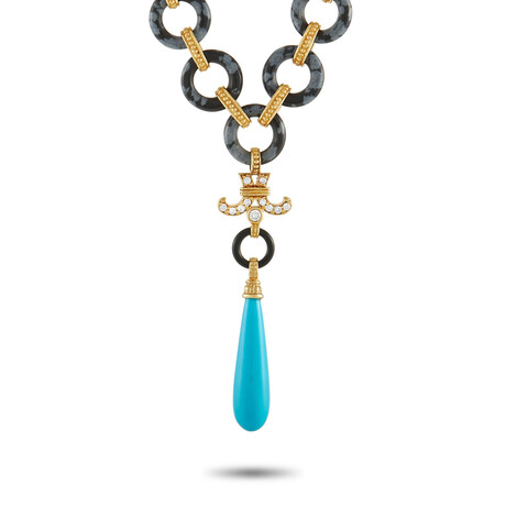 Lagos // 18K Yellow Gold + Black Ceramic + Diamond + Turquoise Pendant Necklace // 16" // Estate