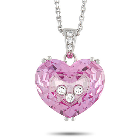 Chopard // Happy Diamond 18K White Gold Diamond + Pink Heart Crystal Pendant Necklace // 16" // Estate