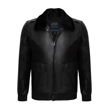 Bomber Fur Neck Leather Jacket // Black (S)