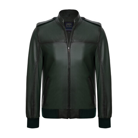 Mock Neck Seams Detail Casual Leather Jacket // Green (S)