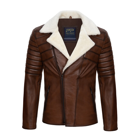 Arm Detail Fur Neck Fligh Leather Jacket // Light Brown (S)