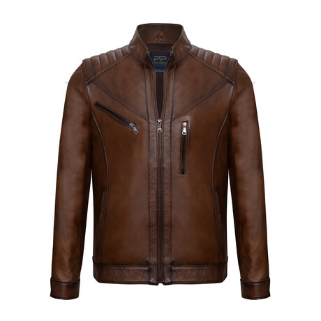 Quilted Shoulders Racer Leather Jacket // Light Brown (S)