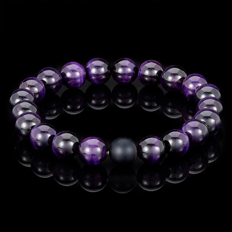 Tiger Eye + Black Matte Onyx Bead Stretch Bracelet // Purple + Black // 10mm