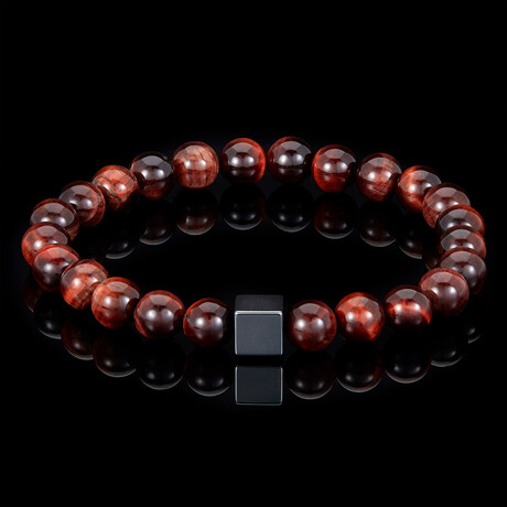 Hematite Cube + Tiger Eye Beads Stretch Bracelet // Red + Gray // 8mm