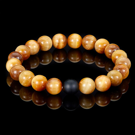 Tiger Eye + Black Matte Onyx Bead Stretch Bracelet // Gold + Black // 10mm