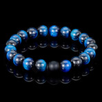 Tiger Eye + Black Matte Onyx Bead Stretch Bracelet // Blue + Black // 10mm