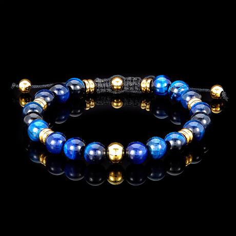 Tiger Eye + Gold Plated Steel Adjustable Cord Tie Bracelet // Blue + Black // 8mm
