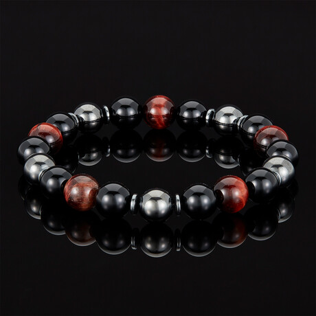 Tiger Eye + Shiny Onyx + Magnetic Hematite Bracelet // Red + Black + Gray // 10mm