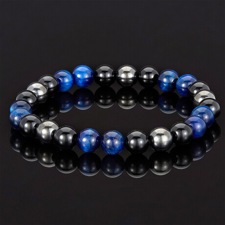 Tiger Eye + Shiny Onyx + Magnetic Hematite Bracelet // Blue + Black + Gray // 8mm