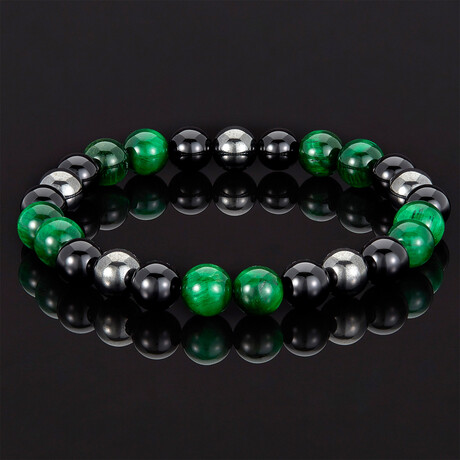 Tiger Eye + Shiny Onyx + Magnetic Hematite Bracelet // Green + Black + Gray // 8mm