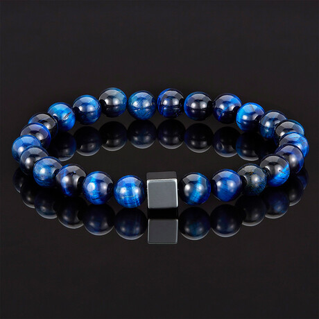Hematite Cube + Tiger Eye Beads Stretch Bracelet // Blue + Gray // 8mm