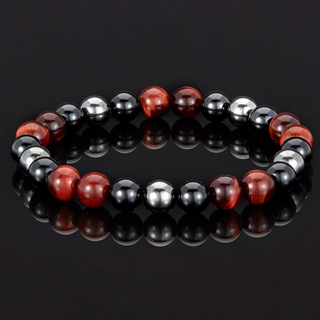 Tiger Eye + Shiny Onyx + Magnetic Hematite Bracelet // Red + Black + Gray // 8mm