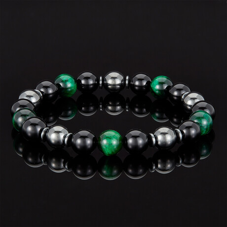 Tiger Eye + Shiny Onyx + Magnetic Hematite Bracelet // Green + Black + Gray // 10mm