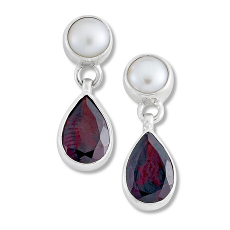 Sterling Silver Pearl + Gemstone Drop Earrings (Garnet - January)