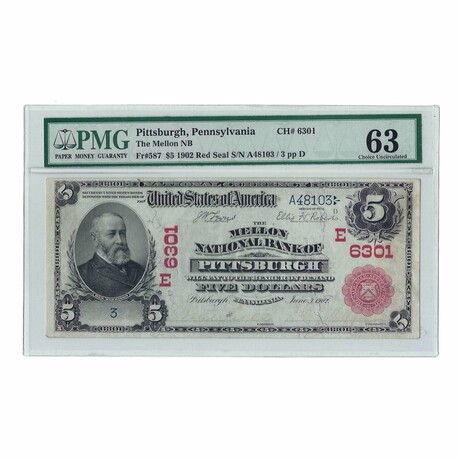 1902 $5 Large Size National Bank Note Mellon National Bank of Pittsburgh // PMG Certified CH63 // Serial Number 3
