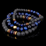 Tiger Eye + Lava + Wood + Gold Hematite Bead Stretch Bracelets // Set of 3