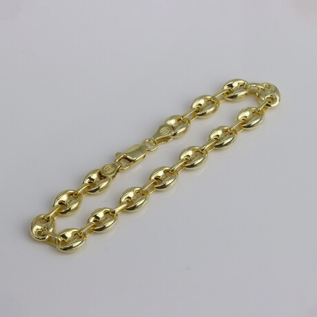 Gold Plated Sterling Silver Puff Marine Link Chain Bracelet // 8mm // 8"