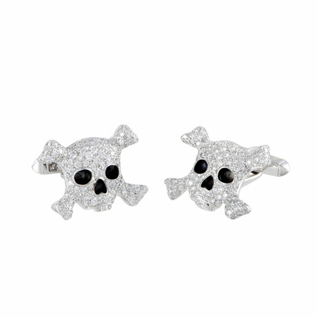de Grisogono // Intimo 18K White Gold Diamond + Black Enamel Skull Cufflinks // New