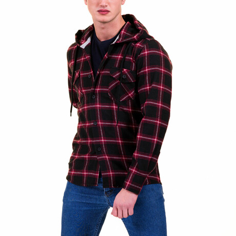Small Plaid Pattern Hooded Flannel // Black + Red + White (S)