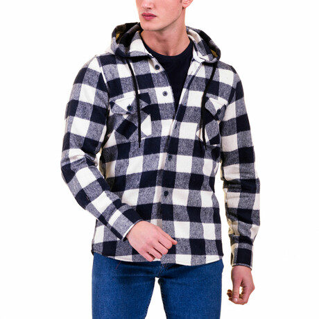 Checkered Pattern Hooded Flannel // Navy Blue + White (S)