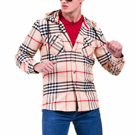 Plaid Hooded Flannel // Tan (4XL)