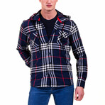 Big Plaid Pattern Hooded Flannel // Navy Blue + Red + White (M)