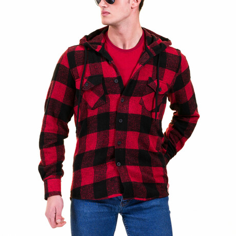 Checkered Pattern Hooded Flannel // Red + Black (XL)