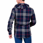 Big Plaid Pattern Hooded Flannel // Navy Blue + Red + White (L)